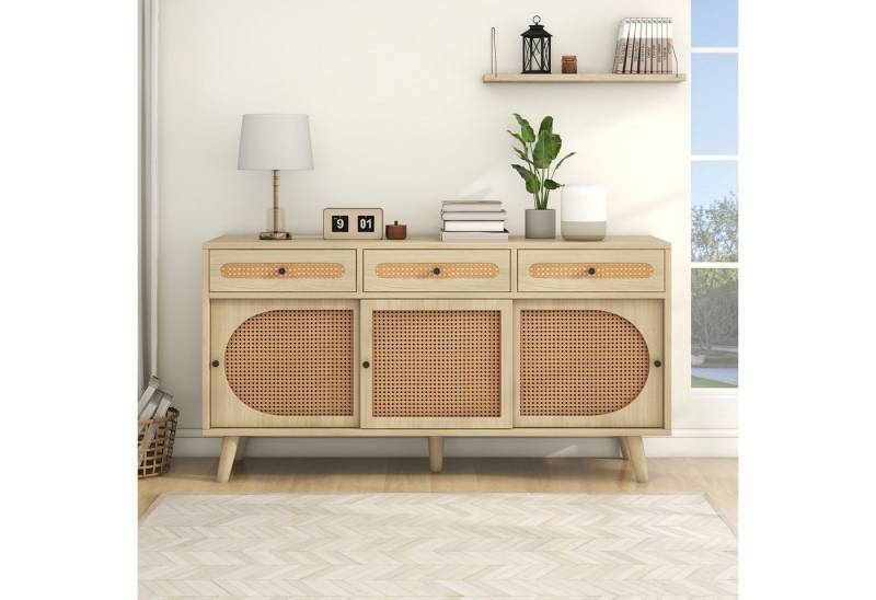 autolock Sideboard Kommode aus Holz mit Rattantür & verstellbaren Einlegeböden (140 × 40 × 78 cm 3 Schiebetüren 3 Schubladen), Anrichte Küchenschrank Aufbewahrungsschrank von autolock