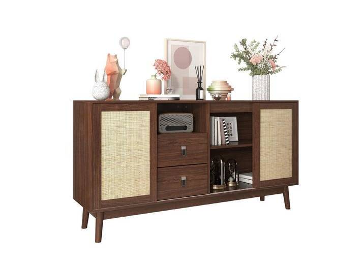 autolock Sideboard Kommode mit 3 Schiebetüren aus Rattan & 2 Schubladen (155 x 38 x 80 cm), Anrichte Küchenschrank atmungsaktiv stabil und vielseitig von autolock