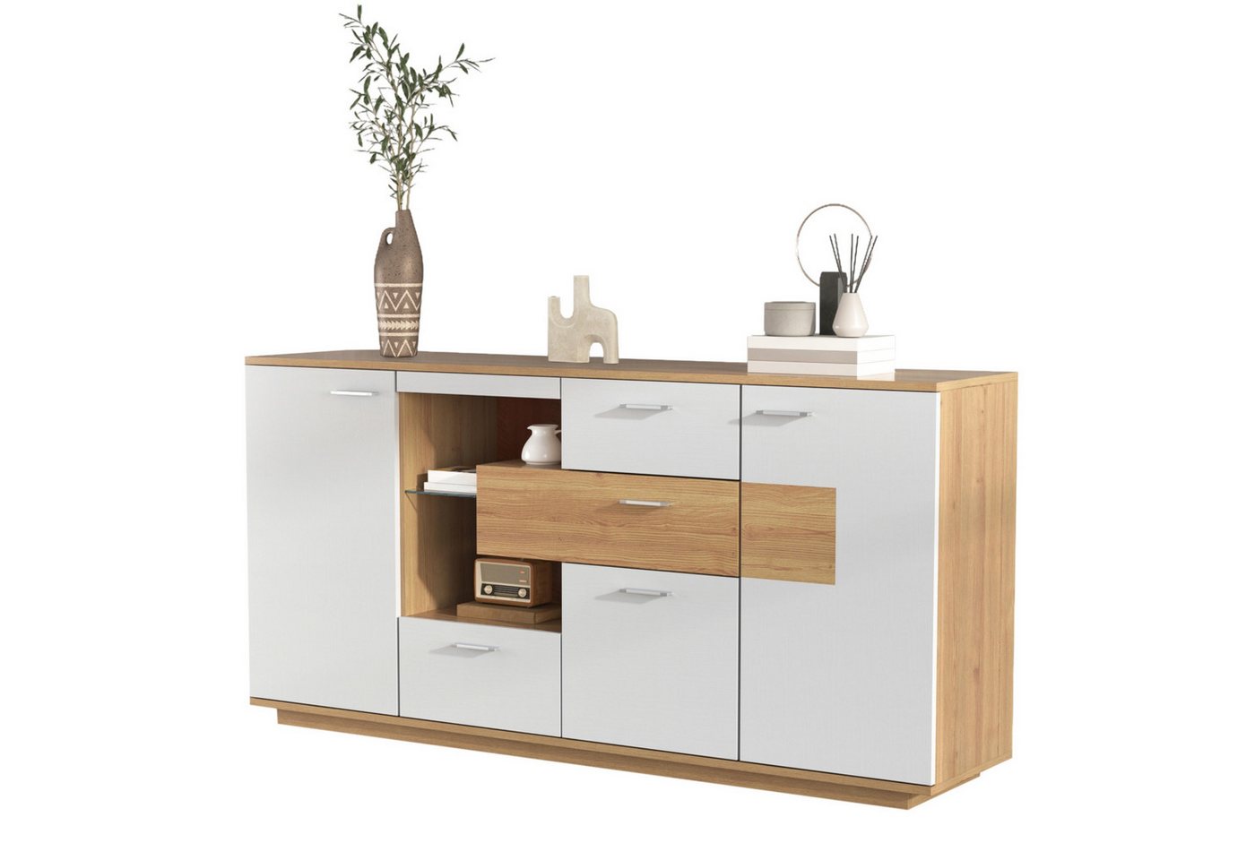 autolock Sideboard Kommode mit LED-Beleuchtung & Verstellbare Trennwände 160 x 40 x 77 cm (Sicheres und geruchsneutrales Nachhaltiges Sideboard aus Holz), Wohnzimmer-Kommode in Holzoptik, Weiß von autolock
