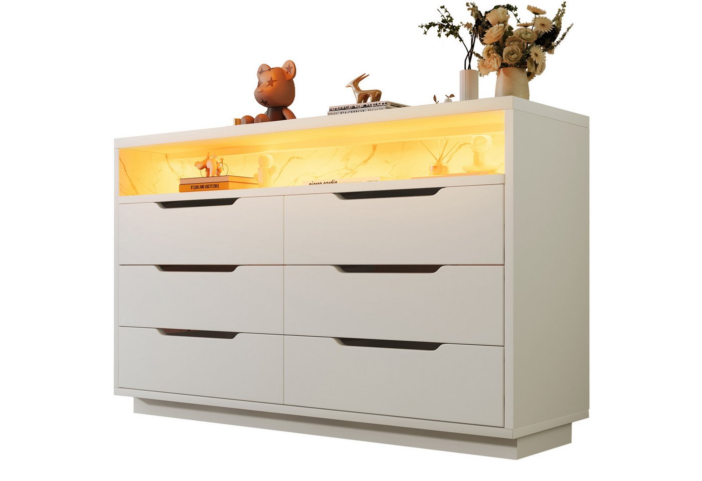 autolock Sideboard Kommode mit Marmorkorn Staufach, LED-Beleuchtung Breite120 cm (120x40x85cm 6 Schubladen 1 Offenes Fach), Anrichte Schließfächer für Wohnzimmer Schlafzimmer von autolock