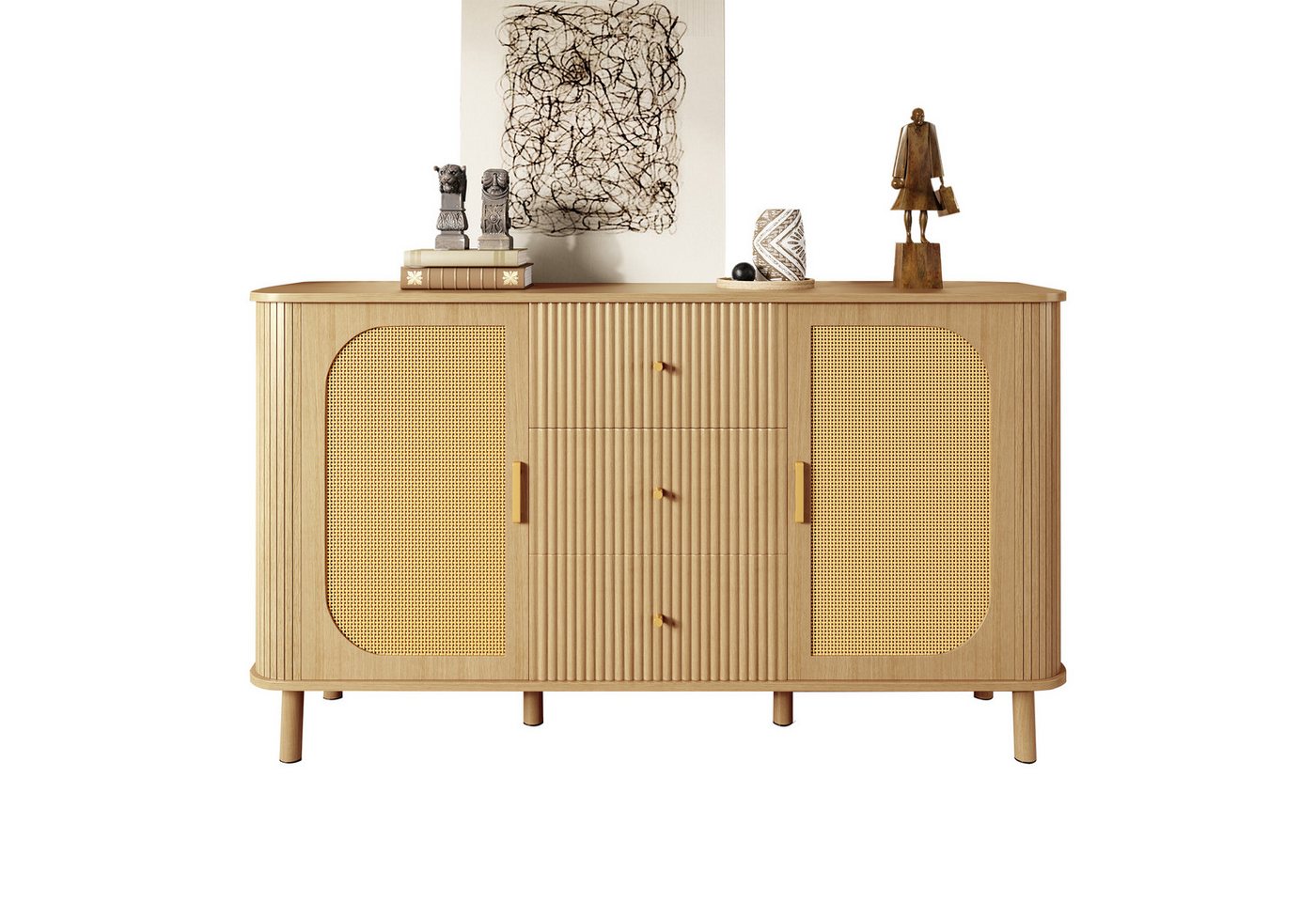 autolock Sideboard Kommode mit Metallbeinen in Holzoptik, Rattantür (140 × 40 × 80 cm), Wohnzimmermöbelstück Anrichte Küchenschrank von autolock