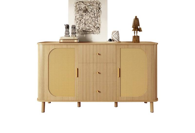 autolock Sideboard Kommode mit Metallbeinen in Holzoptik, Rattantür (140 × 40 × 80 cm), Wohnzimmermöbelstück Anrichte Küchenschrank von autolock