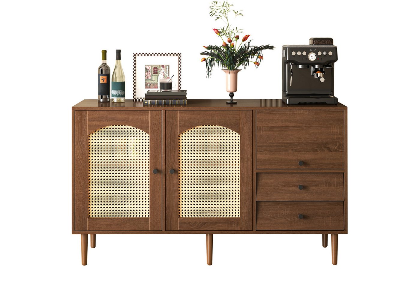 autolock Sideboard Kommode mit Rattan Einsatz 2 unregelmäßigen Schubladen 3 Türen (130*75.5*40 cm), Anrichte Küchenschrank Aufbewahrungsschrank, Nussbaum von autolock
