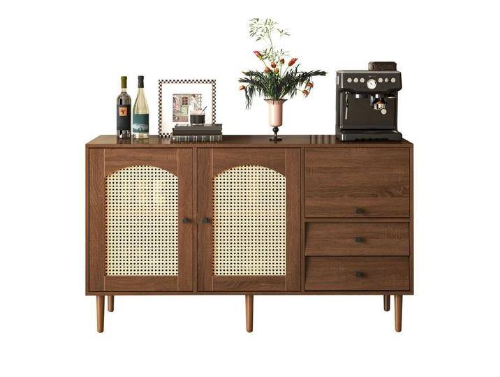 autolock Sideboard Kommode mit Rattan Einsatz 2 unregelmäßigen Schubladen 3 Türen (130*75.5*40 cm), Anrichte Küchenschrank Aufbewahrungsschrank von autolock