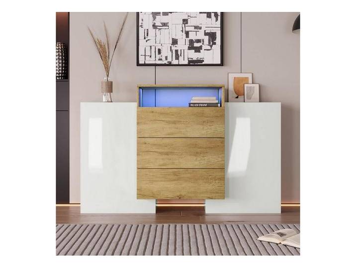 autolock Sideboard Sideboard, Highboard Moderner Kommode, Schrank 140cm, Hochglanz-Weiß und Holzfarbe, Mehrfarbige LED-Lichteffekte., beige von autolock