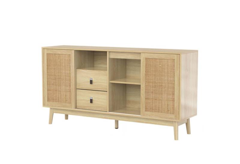 autolock Sideboard Sideboard Kommode mit 3 Schiebetüren aus Rattan & 2 Schubladen (155x38x80 cm), Multifunktionales Anrichte Küchenschrank atmungsaktiv, stabil von autolock