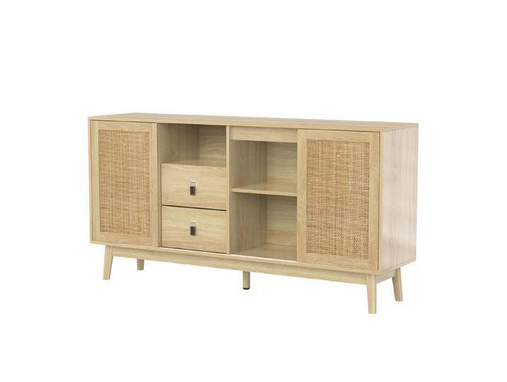 autolock Sideboard Sideboard Kommode mit 3 Schiebetüren aus Rattan & 2 Schubladen (155x38x80 cm), Multifunktionales Anrichte Küchenschrank atmungsaktiv von autolock