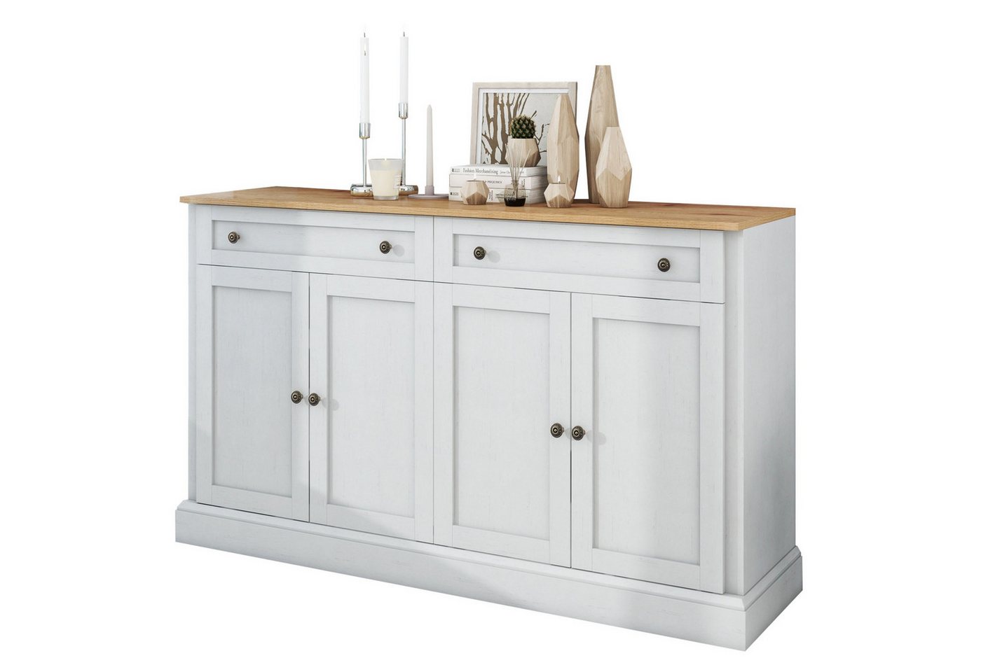 autolock Sideboard Sideboard Kommode mit 4 Türen, 2 Schubladen, Verstellbare Trennwand (150 x 40 x 86 cm), moderner Buffetschrank Anrichte für Esszimmer und Wohnzimmer Antikweiß von autolock