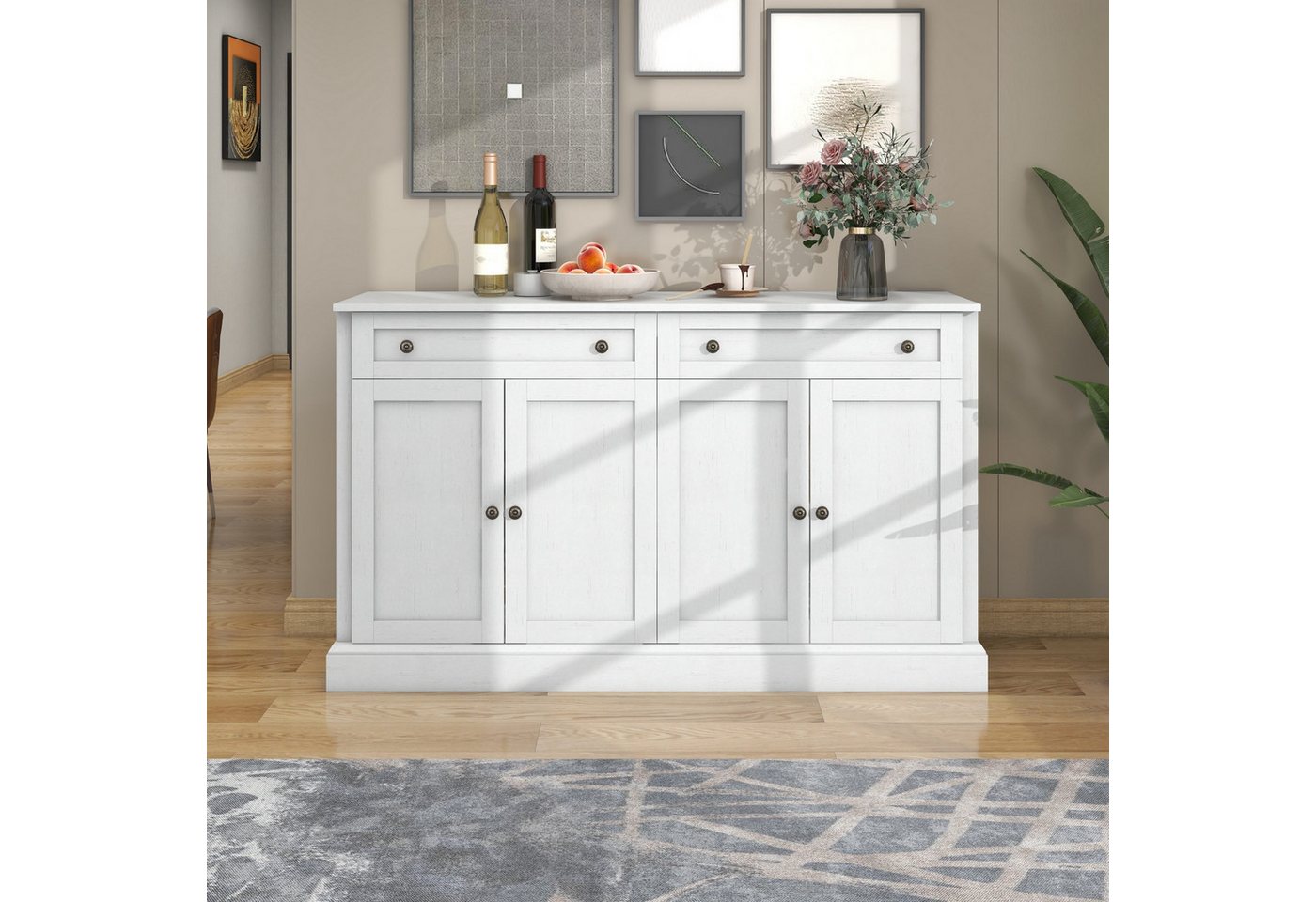 autolock Sideboard Sideboard Kommode mit 4 Türen, 2 Schubladen, Verstellbare Trennwand (150 x 40 x 86 cm), moderner Buffetschrank Anrichte für Esszimmer und Wohnzimmer Antikweiß von autolock
