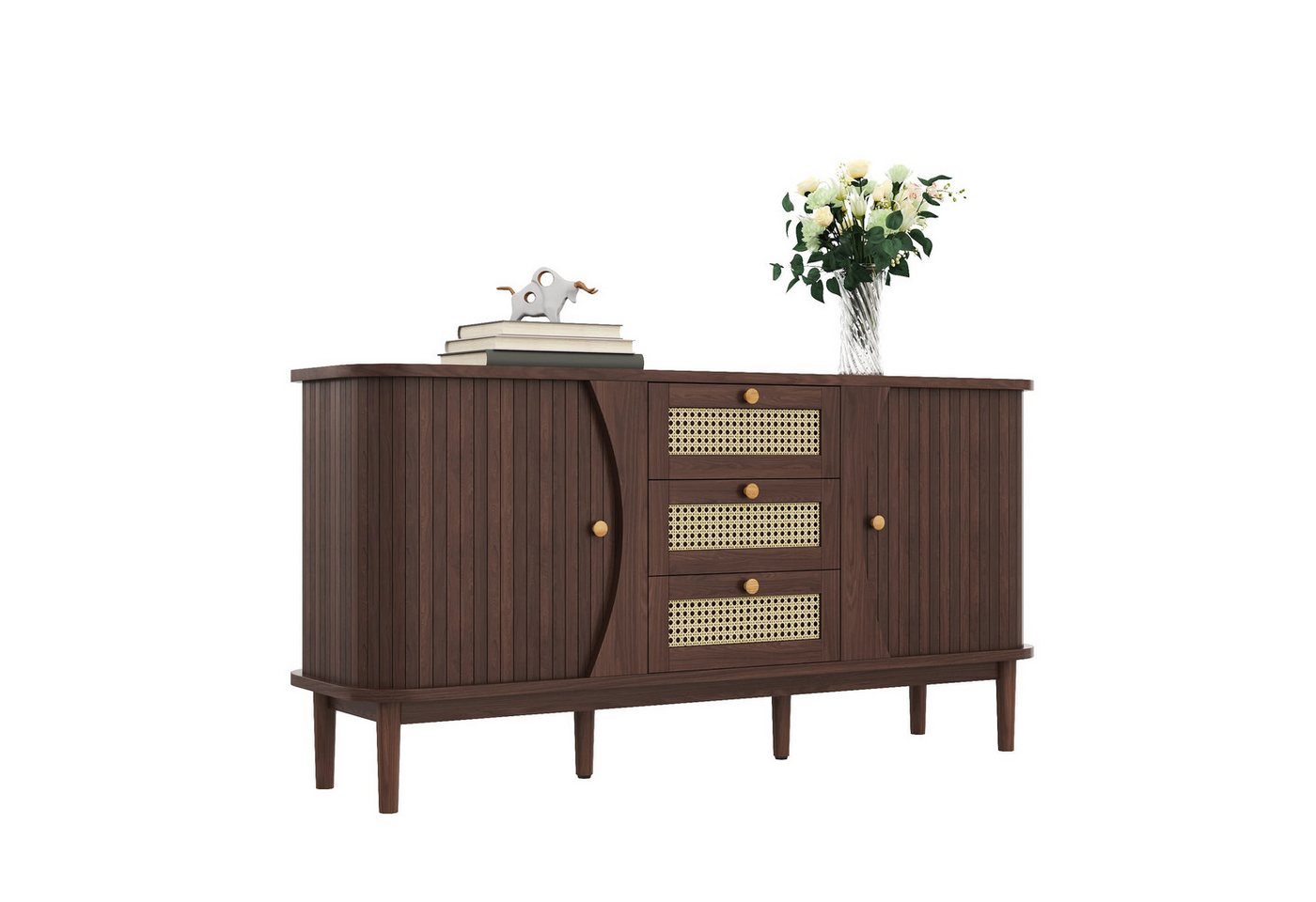 autolock Sideboard Sideboard Rattan kommode Breite 140 cm (Schiebetüren, verstellbaren Einlegeböden und abgerundeter Platte), Esszimmer Anrichte Küchenschrank Wohnzimmerschrank von autolock