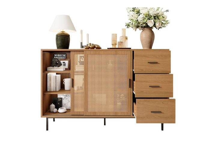 autolock Sideboard Sideboard im Landhausstil mit verstellbaren Einlegeböden 140×37×91 cm, Kommode mit 2 Schiebetüren, 3 Schubladen von autolock