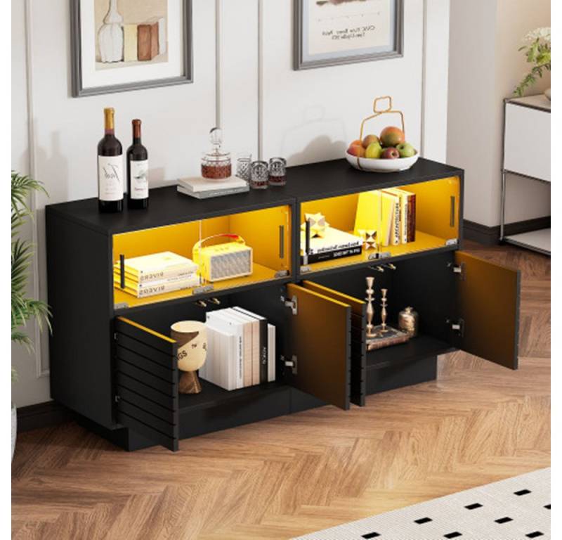 autolock Sideboard Sideboard mit 2 Kabinett, 4 Fächern, Glastüren, Beistellschrank, mit LED-Licht, Wohnraumschrank mit viel Stauraum von autolock