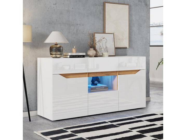 autolock Sideboard Sideboards Mit 4 Schubladen,Schrank mit zwei Fächern, Kommode,Sofa-Beistellschrank mit LED-Beleuchtung,140*40*70cm, weiß von autolock