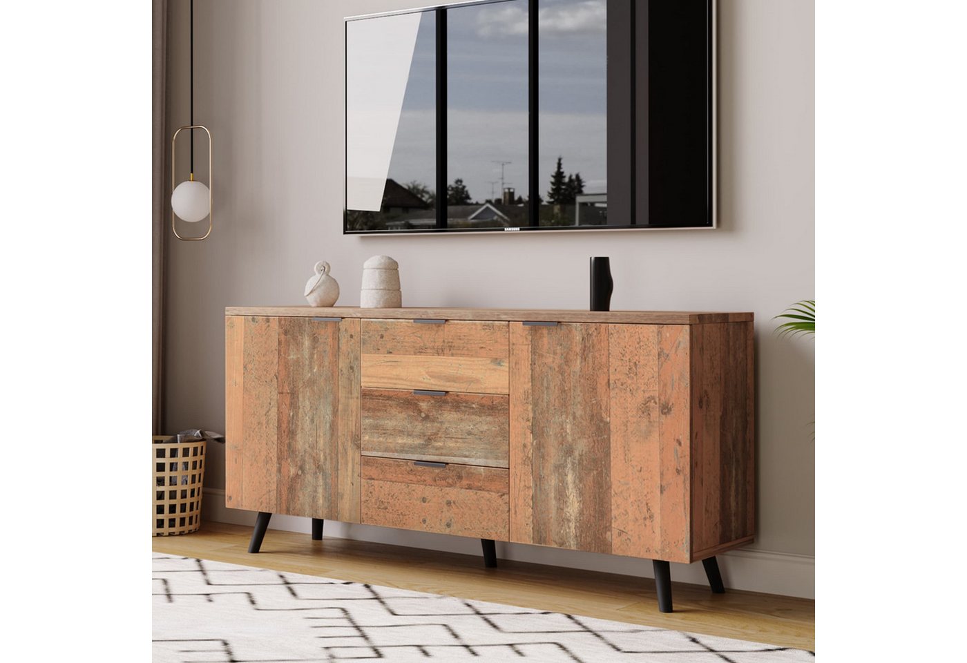 autolock Sideboard TV-Schrank Kommode mit verstellbaren Regalen 3 Schubladen (140*35*70 cm), Anrichte Küchenschrank Aufbewahrungsschrank von autolock