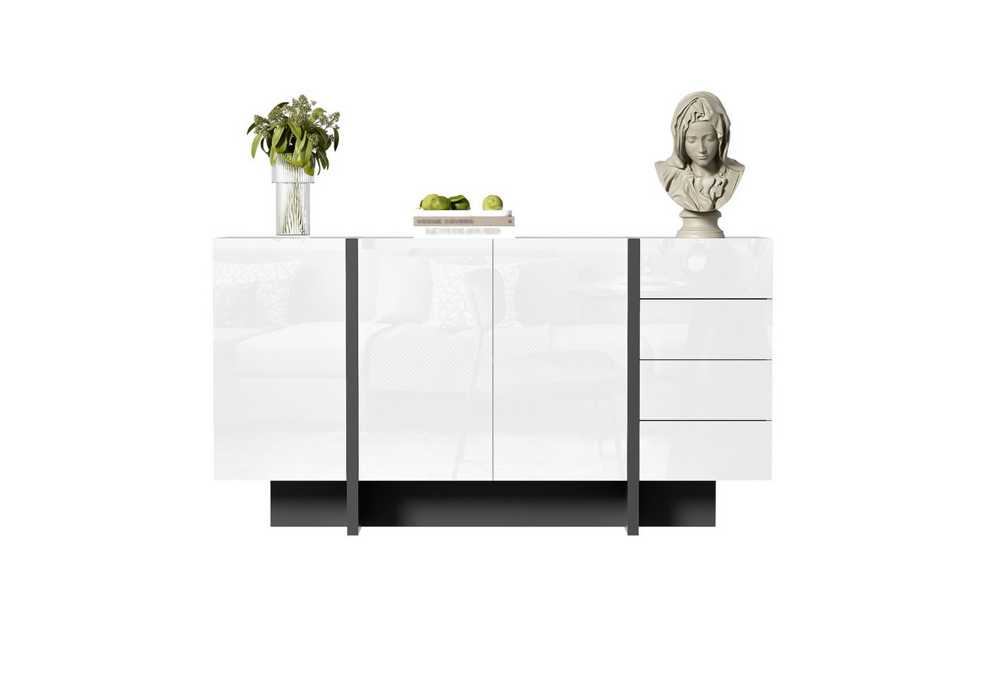 autolock Sideboard Weißer Hochglanz-Sideboard Kommode Breite 150 cm (150 L × 40 B × 80,5 H cm 2 Türen 4 Schubladen), Anrichte Küchenschrank für Wohnzimmer, Schlafzimmer & Esszimmer von autolock