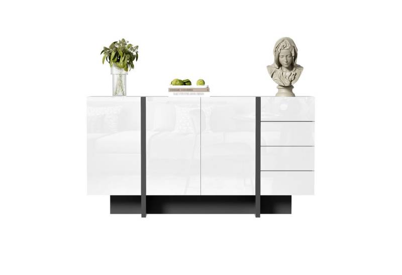 autolock Sideboard Weißer Hochglanz-Sideboard Kommode Breite 150 cm (150 L × 40 B × 80,5 H cm 2 Türen 4 Schubladen), Anrichte Küchenschrank für Wohnzimmer, Schlafzimmer & Esszimmer von autolock