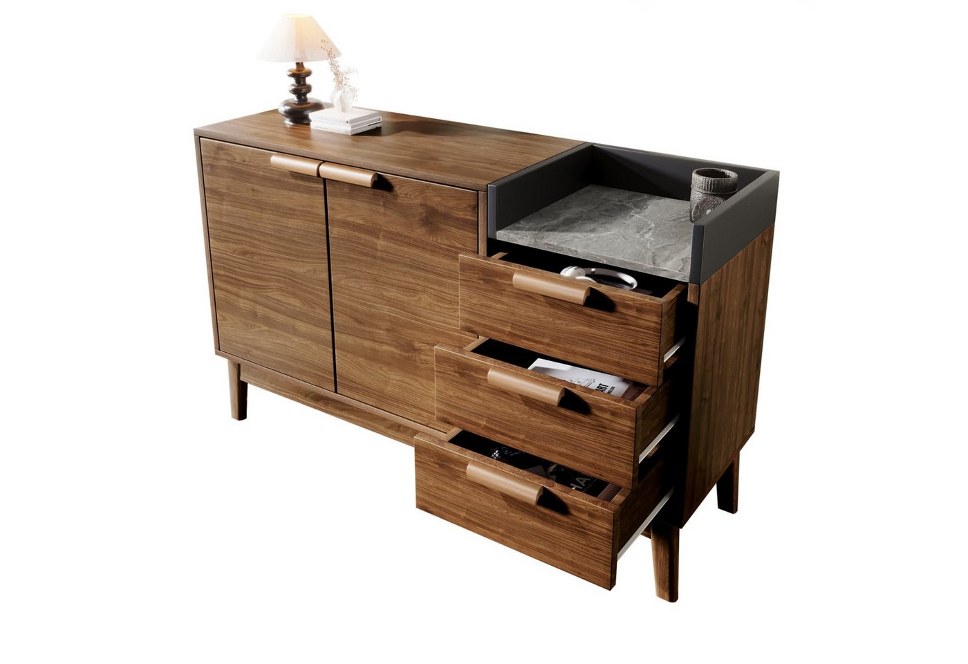 autolock Sideboard WohnzimmerKommode in Eiche Dekor mit Marmor-Optik Platte+Offene Ablage, +3 Schubladen+Doppeltürschrank,innen höhenverstellbar,Massivholzbein von autolock