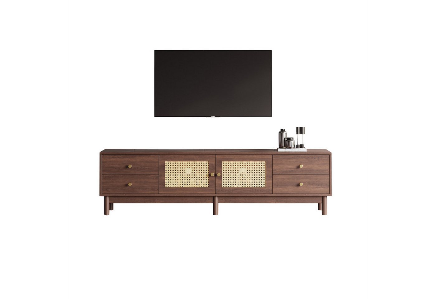 autolock TV-Schrank 1,8 m langer TV-Schrank in dunkler Holzoptik mit zwei Rattantüren vier Schubladen, Kabelmanagement und hydraulischen Scharnieren autolock TV-Schrank 1,8 m langer TV-Schrank in dunkler Holzoptik mit zwei Rattantüren vier Schubladen, Kabelmanagement und hydraulischen Scharnieren von autolock