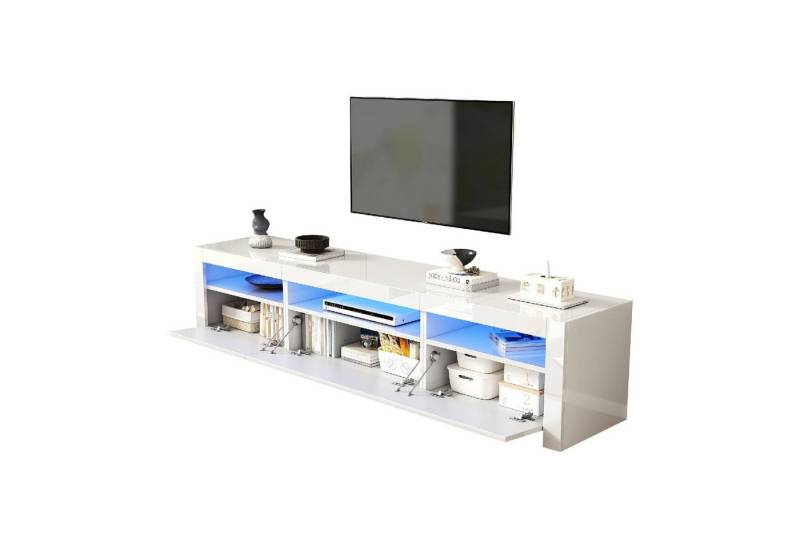 autolock TV-Schrank Hochglanz-TV-Schrank,190 x 24 x 40 cm,mit LED-Beleuchtung und Stauraum weiß niedriges Paneel,TV-Unterschrank mit herunterklappbar Schranktür von autolock