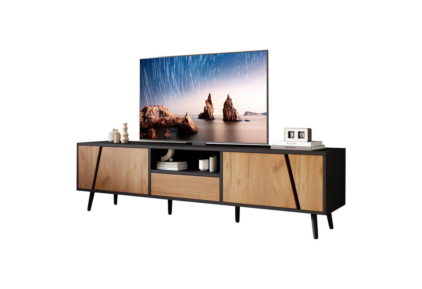 autolock TV-Schrank Lowboard,TV Board,TV-Schrank,Moderne minimalistische TV-Konsole TV-Möbel mit Schubladen,2 Schränken,und 6 Stützbeinen aus Massivholz von autolock