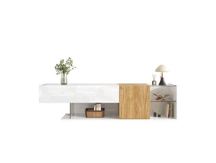 autolock TV-Schrank Moderne TV-Kommode in Hochglanz mit Holzoptik und Glasregalen–180 cm TV-Schrank mit Praktischer Aufbewahrung von autolock