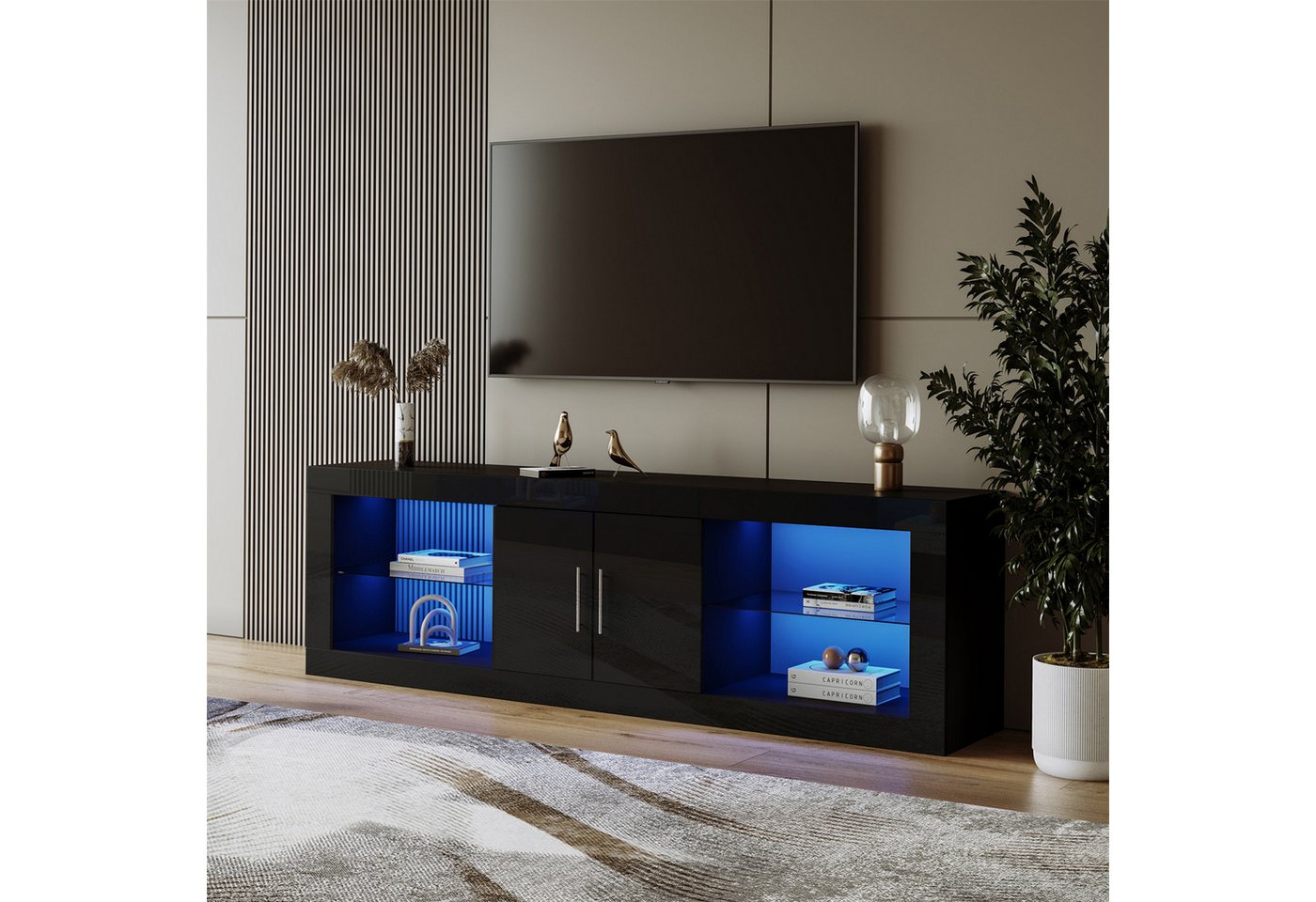 autolock TV-Schrank Moderner schwarzer TV-Ständer,16-Farben-LED,Bluetooth-Steuerung von autolock