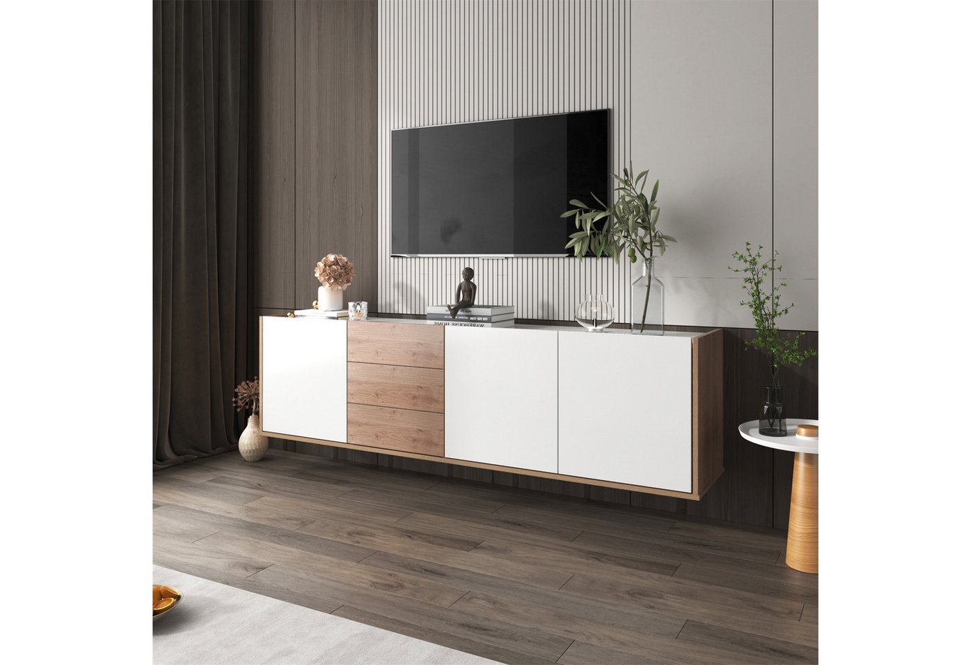 autolock TV-Schrank TV-Schrank, niedriges Paneel in Weiß und Holzfarben, TV-Möbel von autolock