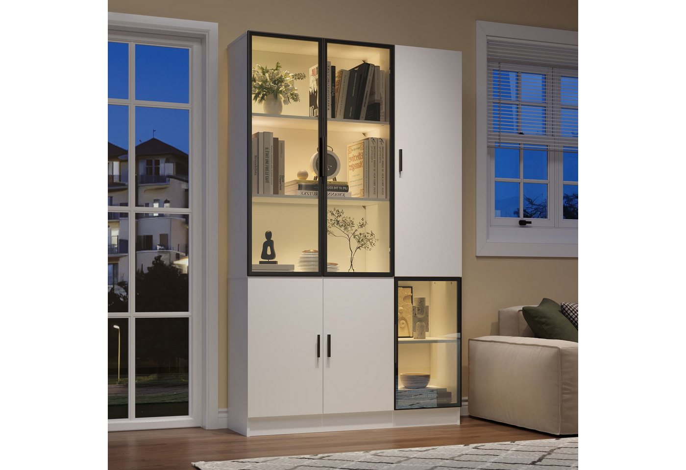 autolock Vitrine Glasvitrine Hochschrank Bücherregal mit LED Lichtern Aluminiumrahmen (120 × 35 × 200 cm) MultiStorage Glasschrank für Sammlung Schlafzimmer Wohnzimmer Büro von autolock