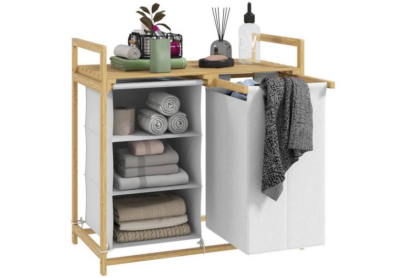 autolock Wäschekorb Wäschekorb mit Wäschesack,Stoffschublade,Bambus,70x36x70cm,Ablage 83L, 4 Fächer Wäschesammler mit 2 ausziehbaren und Wäschesäcken von autolock