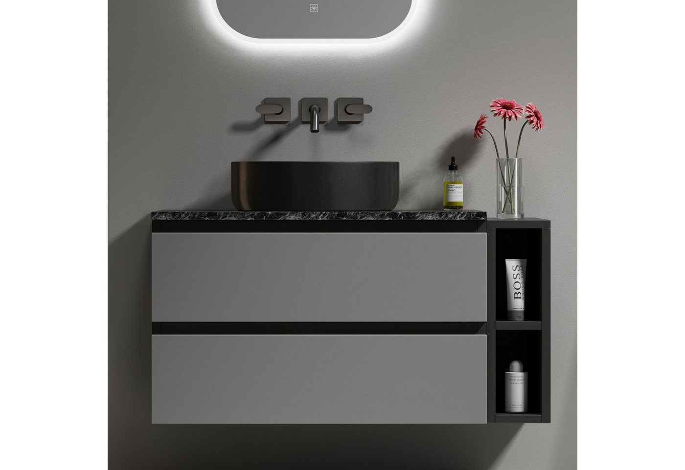 autolock Waschbeckenunterschrank Waschbeckenunterschrank Waschtisch mit Keramikwaschbecken Schubladen (80 × 44 × 48,5 cm) Hängeschrank Aufsatzwaschbecken modernes mit Arbeitsplatte aus Marmor von autolock