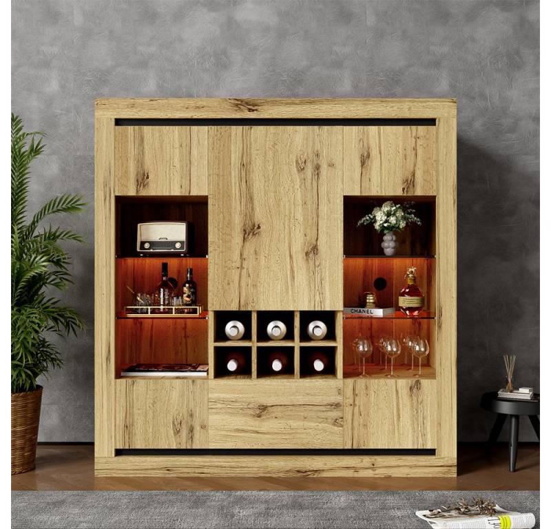 autolock Weinregal Multifunktionales Sideboard im Holzdesign – mit LED-Beleuchtung, verstellbaren Glasregalen, Schubladen und Weinregal von autolock