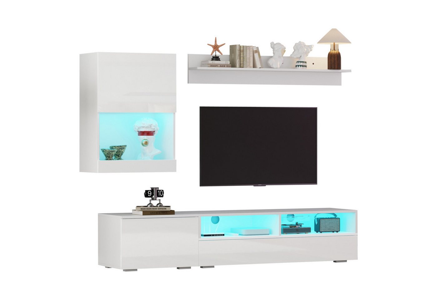 autolock Wohnzimmer-Set Mediawand mit Hochglanz TV-Schrank, Standregal, Wandregal, LED, (TV-Board stehend & hängend, 175*39*34 cm), TV Wohnzimmermöbel-Set mit Vitrine Lowboard, TV bis 80', Weiß von autolock