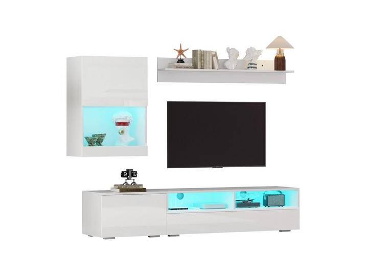 autolock Wohnzimmer-Set Mediawand mit Hochglanz TV-Schrank, Standregal, Wandregal, LED, (TV-Board stehend & hängend, 175*39*34 cm), TV Wohnzimmermöbel-Set mit Vitrine Lowboard, TV bis 80' von autolock