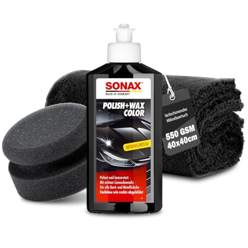 Auto Politur Set | Sonax Polish & Wax Color Schwarz 250ml Autopolitur + Polierschwamm + Poliertuch | Polierpaste für dunkle Metalliclacke zur Entfernung kleiner Kratzer | Polierset von autopflege