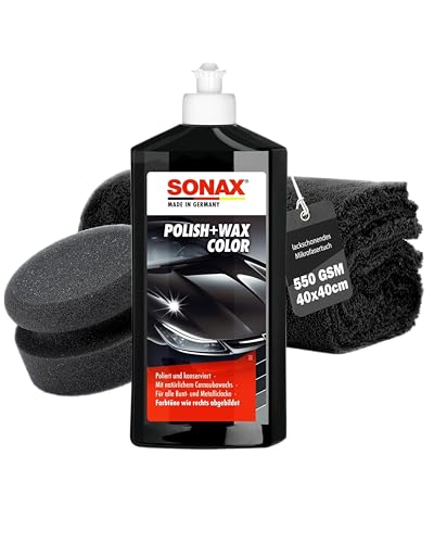 Auto Politur Set | Sonax Polish & Wax Color Schwarz 500ml Autopolitur + Polierschwamm + Poliertuch | Polierpaste für dunkle Metalliclacke zur Entfernung kleiner Kratzer | Polierset von autopflege