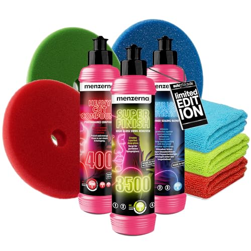 Auto Politur & Versiegelung Set | Menzerna Heavy Cut Compound 400 gegen Kratzer + Super Finish 3500 Hochglanzpolitur + Power Lock Ultimate Protection + 3x Poliertuch 40x40cm + 3x Polierpad 150mm von autopflege