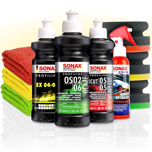 Autopolitur Set | Sonax Profiline ExCut 05-05 gegen tiefe Kratzer + EX 04-06 Hochglanzpolitur + OS 02-06 Finish Politur + Quick Detailer + 3 x Hand Polierpad + 3 x Poliertuch von autopflege