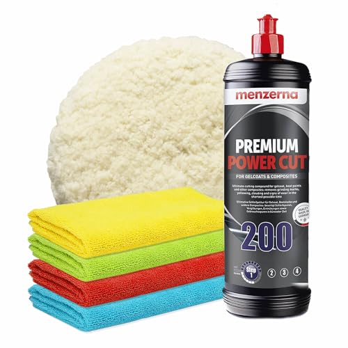 GFK Politur Set | Menzerna Premium Power Cut 200 1L Gelcoat Bootspolitur + Lammfell Polierpad 150mm + 4x Poliertuch | Ideal zur Aufbereitung von Boot Caravan Wohnwagen Wohnmobil von autopflege