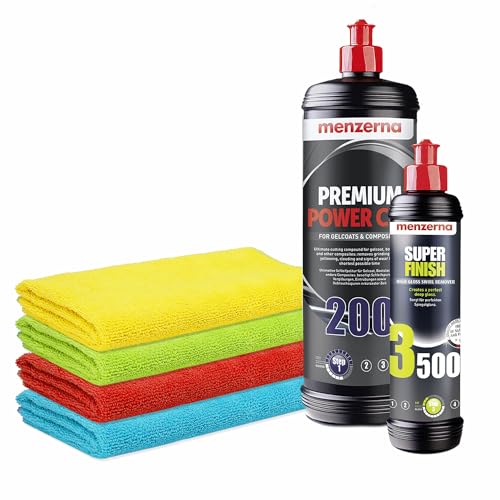 GFK Politur Set | Menzerna Premium Power Cut 200 1L Gelcoat Bootspolitur + Super Finish 3500 250ml + 4x Poliertuch | Ideal zur Aufbereitung von Boot Caravan Wohnwagen Wohnmobil von autopflege