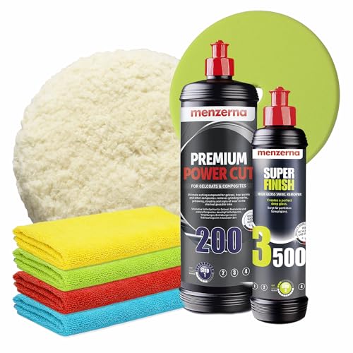 GFK Politur Set | Menzerna Premium Power Cut 200 1L Gelcoat Bootspolitur + Super Finish 3500 250ml + Lammfell Polierpad 150mm + Soft Cut Premium Polierpad + 4x Poliertuch | für Boot Wohnwagen von autopflege