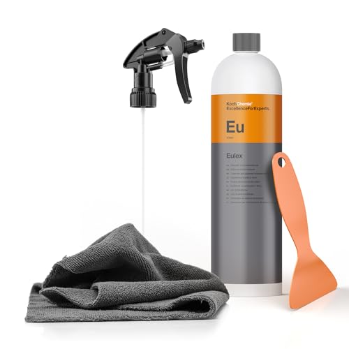 Klebstoffentferner Set | Koch Chemie Eulex 1l Klebereste Entferner + Sprühkopf + Mikrofasertuch+ Schaber | Entfernt Kleberückstände wie Aufkleber Etiketten von Glas Lack Metall | Etikettenlöser von autopflege