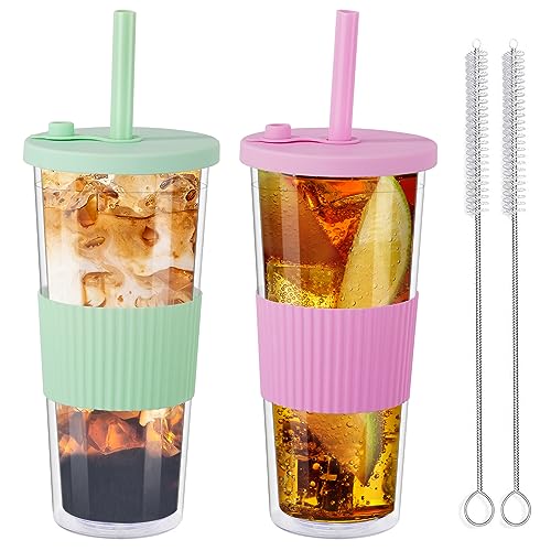 2 Stück 730ML Boba Becher, Trinkbecher Plastik mit Strohhalm und Deckel, Doppelwandig Becher, Transparente Bubble Tea Tasse, Wiederverwendbarer Auslaufsicher Smoothie Becher, Saftglas, Eiskaffee von autumndeer