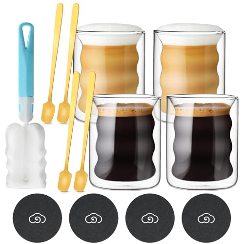 4er Set Doppelwandige Latte Macchiato Gläser, 200ml Kaffeegläser Spiralförmig, Cappuccino Tassen Saftgläser Glas Cup mit Löffeln und Untersetzern, Espresso Gläser Thermo Kaffeegläser Teegläser von autumndeer