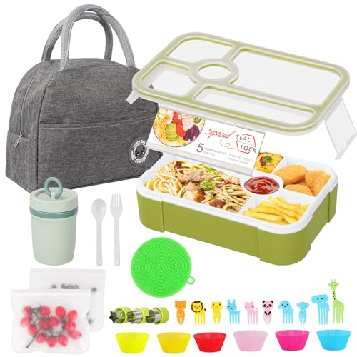 autumndeer Bento Box Erwachsene, 27 Piece Bento Box Zubehör Wiederverwendbar, Brotdose mit Fächern, Lunchbox mit Besteck und Trinkflasche Auslaufsicher, Geeignet für Mikrowellen Spülmaschinen Grün von autumndeer