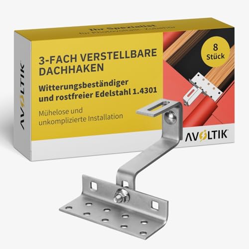 Avoltik 3-fach verstellbare Dachhaken Photovoltaik Halterung 8 Stück I Dachhalterungen Solarmodule A2 aus rostfreiem Edelstahl 1.4301 I robuste Dachhalterung Balkonkraftwerk zur sicheren Montage von avoltik