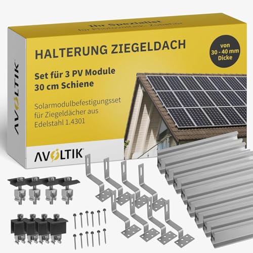 Solar Halterung Ziegeldach I Set für 3 PV Module 30-40mm I Solarmodul Halterung Balkonkraftwerk I Solarmodulbefestigungsset für Ziegeldächer aus Edelstahl 1.4301 (Silber/Schwarz, Set für 3 Module) Solar Halterung Ziegeldach I Set für 3 PV Module 30-40mm I Solarmodul Halterung Balkonkraftwerk I Solarmodulbefestigungsset für Ziegeldächer aus Edelstahl 1.4301 (Silber/Schwarz, Set für 3 Module) von avoltik