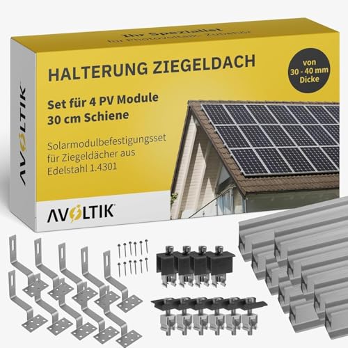 Solar Halterung Ziegeldach I Set für 4 PV Module 30-40mm I Solarmodul Halterung Balkonkraftwerk I Solarmodulbefestigungsset für Ziegeldächer aus Edelstahl 1.4301 von avoltik