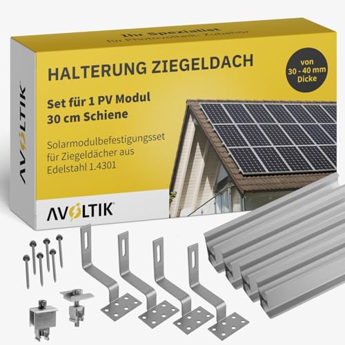 Solar Halterung Ziegeldach I Set für 1 PV Module 30-40mm I Solarmodul Halterung Balkonkraftwerk I Solarmodulbefestigungsset für Ziegeldächer aus Edelstahl 1.4301 von avoltik