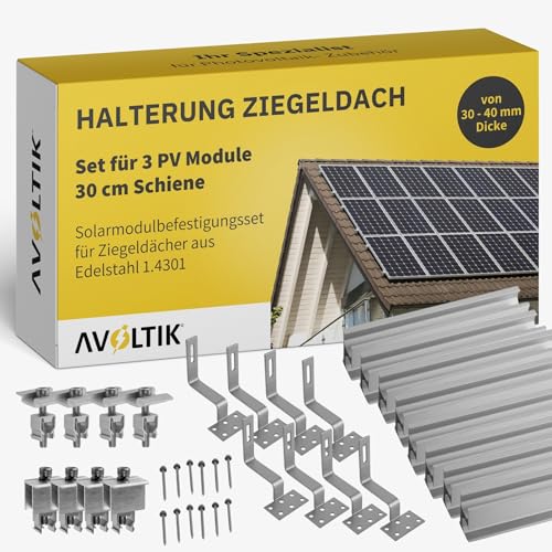 Solar Halterung Ziegeldach I Set für 3 PV Module 30-40mm I Solarmodul Halterung Balkonkraftwerk I Solarmodulbefestigungsset für Ziegeldächer aus Edelstahl 1.4301 von avoltik