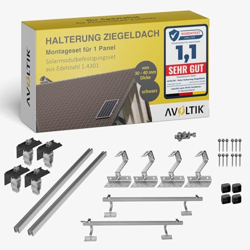 Avoltik Solar Ziegeldach Halterung für Balkonkraftwerk – PV Dachmontage Set für 1 Solarmodul 30–40 mm – Dachhalterung mit höhenverstellbaren Dachhaken aus Edelstahl & EASY-CLICK Befestigung von avoltik